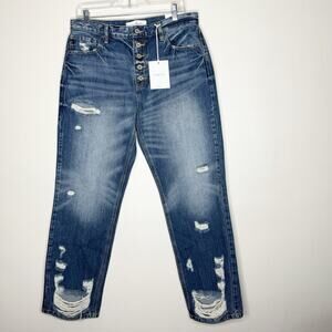 Kancan High Rise Buttonfly Straight Fit Distressed Jeans Women’s Size 11/29 NWT